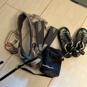 Climbing harness, chalk bag, carabiner.